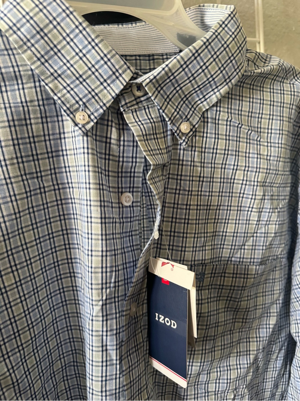 Izod Men's Blue and White Plaid Button-Down Shirt
